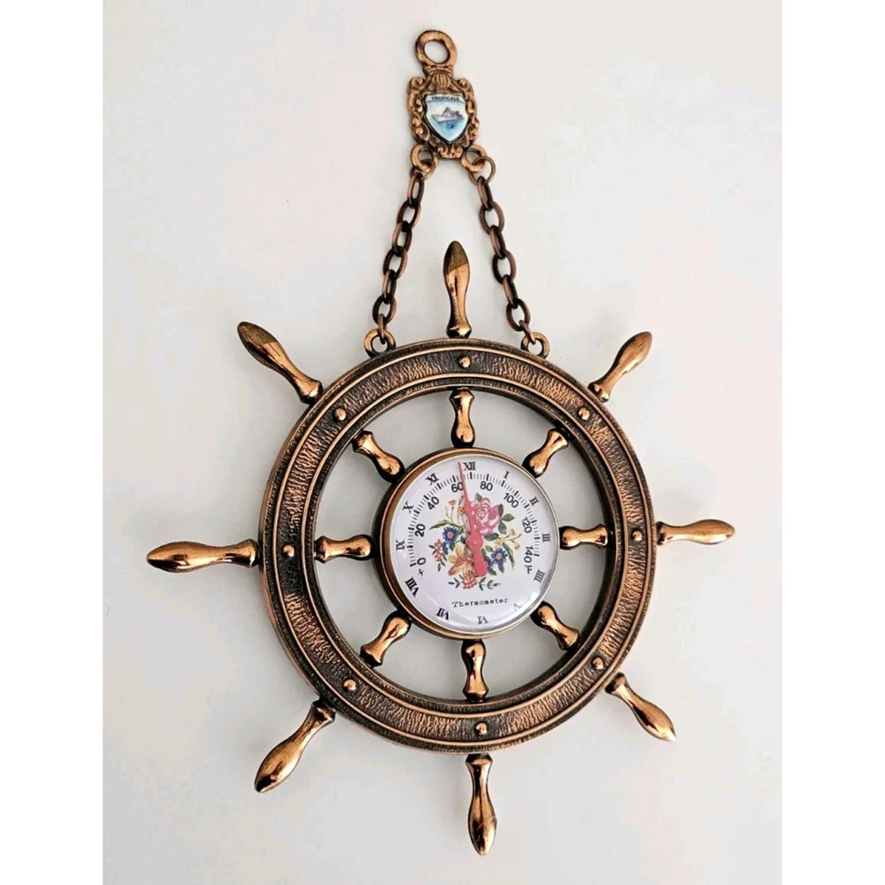 VTG Decorative Ship's Wheel Thermometer with Floral Dial and 